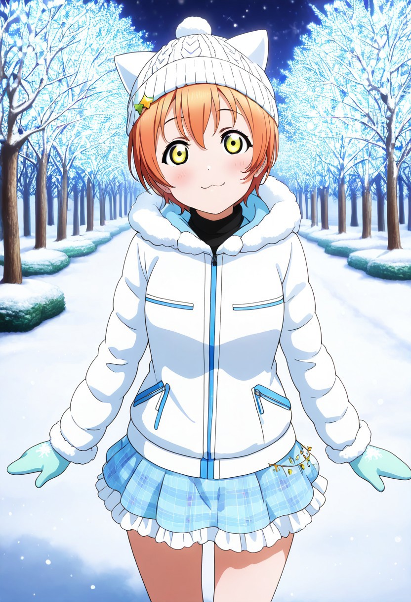 masterpiece, best quality, solo, 1girl, aged up, happy, :3, 
 rin_hoshizora, hoshizora_rin, short hair, pixie cut, orange hair, yellow eyes, jacket, winter idol outfit, puffy snow jacket, faux fur trim, wool skirt, mittens, knit cap with cat ears, snowy forest stage, fairy lights on pine trees, gentle snowfall, warm smile, fun and cozy performance