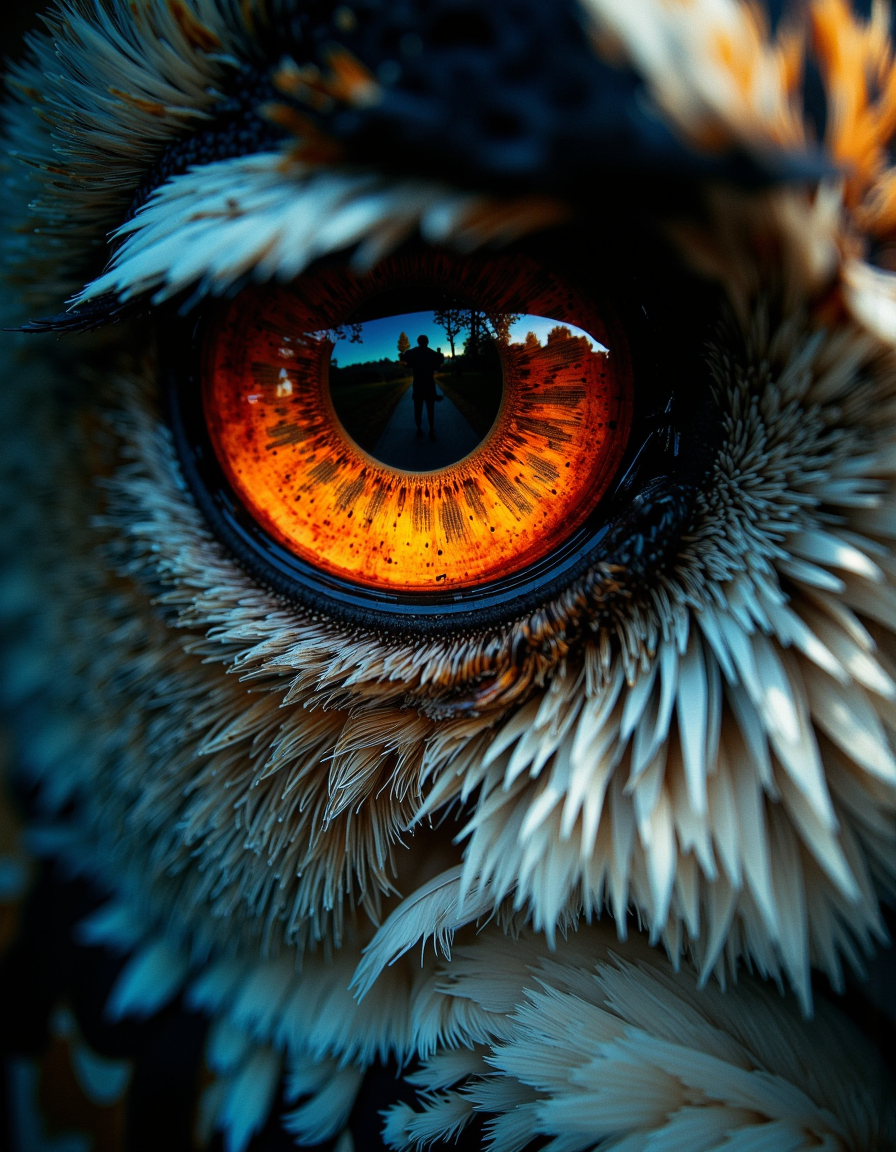 A highly detailed cinematic photography.
Photography art by Adam Martinakis, Goro Fujita and Filip Hodas, a close up image of the face of an owl, the reflection on the eyes shows a netherworld, Surrealism, digital manipulation, ethereal landscapes, Concept art, VR painting, imaginative worlds, whimsical characters, digital illustration, Sci-fi digital art, dystopian landscapes, surreal compositions, vibrant colors, dynamic dramatic atmosphere, dynamic cinematic color, flowing, best, unique.