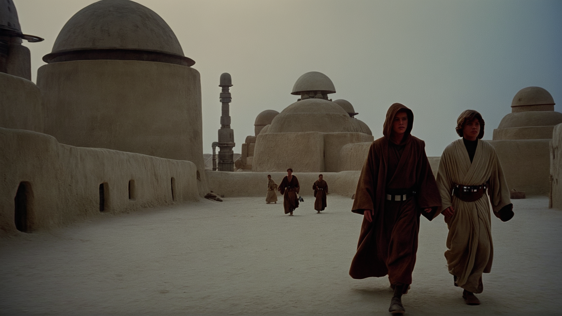 cinematic film still of  <lora:star wars style:0.2>
<lora:detailed:0.4> detailed
<lora:perfection style:0.4> perfect
<lora:PerfectEyesXL:0.5>
 <lora:Chiaroscuro Lighting Style:0.3>
 <lora:Tatooine:0.9>
Tatooine two people in brown robes walking in front of a building,in star wars style,male focus,multiple boys,dark skin,hood,2boys,facial hair,building,walking,robe, shallow depth of field, vignette, highly detailed, high budget, bokeh, cinemascope, moody, epic, gorgeous, film grain, grainy