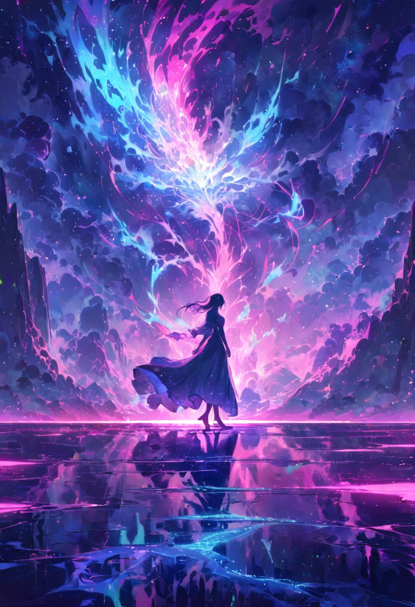 serene night, beautiful sky, dancing silhouette, Complex landscape, best quality, pastel colors, light blue tint, aesthetic Ethereal, Effulgent, Idyllic atmosphere,  Tranquil,  ethereal quality, cinematic volume, Twinkling lighting, glowing aura, global illumination,  glowneon, Anisotropic Filtering, Unrivaled Opus, Unconventional, hyper detailed, HDR,