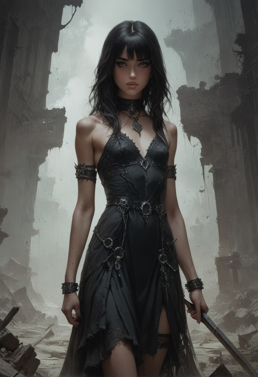 score_9, score_8_up, score_7_up, score_6_up, 1 woman, goth, 80s, age 18,  cute, petite, extremely detailed, high quality, realistic, beautiful brown eyes, Extra small breasts, black dress ,  thick open hair with bangs, dark theme, low light, from hip up, barren landscape with ruins, (masterpiece, best quality, highly detailed, realistic),  muted colors,