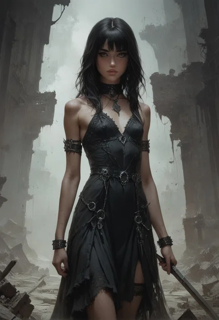 score_9, score_8_up, score_7_up, score_6_up, 1 woman, goth, 80s, age 18, cute, petite, extremely detailed, high quality, realistic, beautiful brown eyes, Extra small breasts, black dress , thick open hair with bangs, dark theme, low light, from hip up, barren landscape with ruins, (masterpiece, best quality, highly detailed, realistic), muted colors,