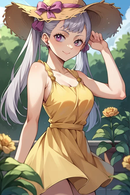 score_9, score_8_up, score_7_up, score_6_up, source_anime BREAK 1girl, solo <lora:noellesilva-pdxl-nvwls-v1-000005:1> noelle silva, grey hair, twintails, hair ribbon, yellow sundress, sleeveless, frills, straw hat, garden, medium breasts, smile
