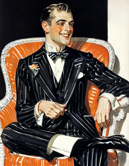 JCLeyendecker vintage illustration, of a fair-skinned man bygone era of dapper fashion and leisurely pursuits. He is sitting in a wicker chair  He wears a striped suit in shades of orange and black, and a black tie. The man is smiling, and his hair is well slicked.A black and white dog with a formidable studded collar sits beside him <lora:JCLeyendecker1-000001:1>