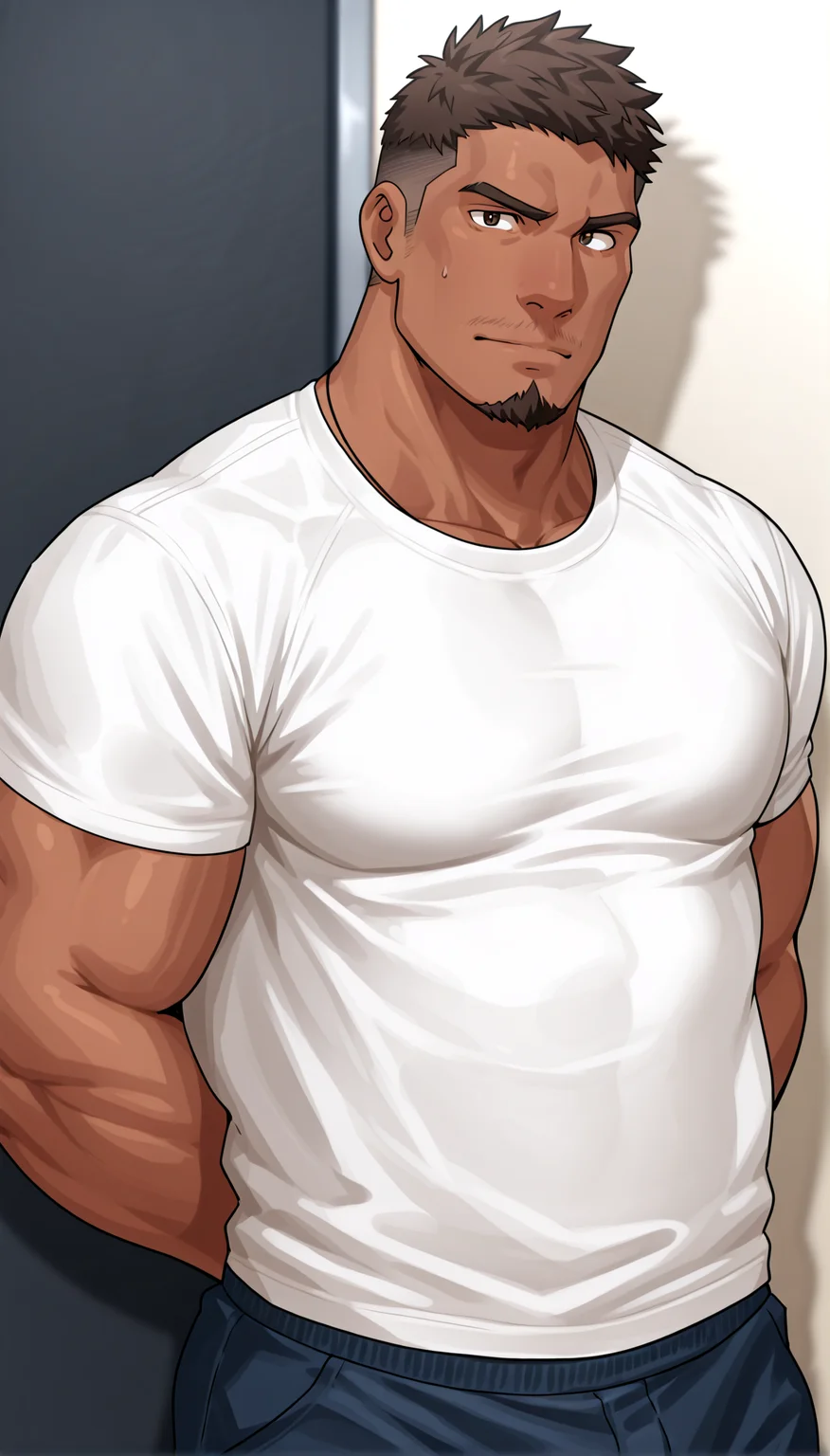 male focus,muscular,solo,bara,mature male,standing,looking at viewer,goatee,dark skin,arms behind back,bodily fluids,masterpiece,upper body,<lora:sakuramaru:1>,