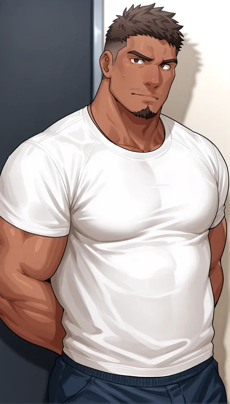 male focus,muscular,solo,bara,mature male,standing,looking at viewer,goatee,dark skin,arms behind back,bodily fluids,masterpiece,upper body,<lora:sakuramaru:1>,