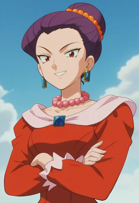 score_9, score_8_up, score_7_up, score_6_up, anime screencap, anime coloring, <lora:PMJM_epoch_10:0.7>, PMJM, red eyes, purple hair, short hair, single hair bun, earrings, orange hair bobbles, aged up, 
pink pearl necklace, long dress, red dress, long sleeves, high heels,
smile, looking at viewer, upper body, crossed arms, 
BREAK day, sunlight, blue sky,