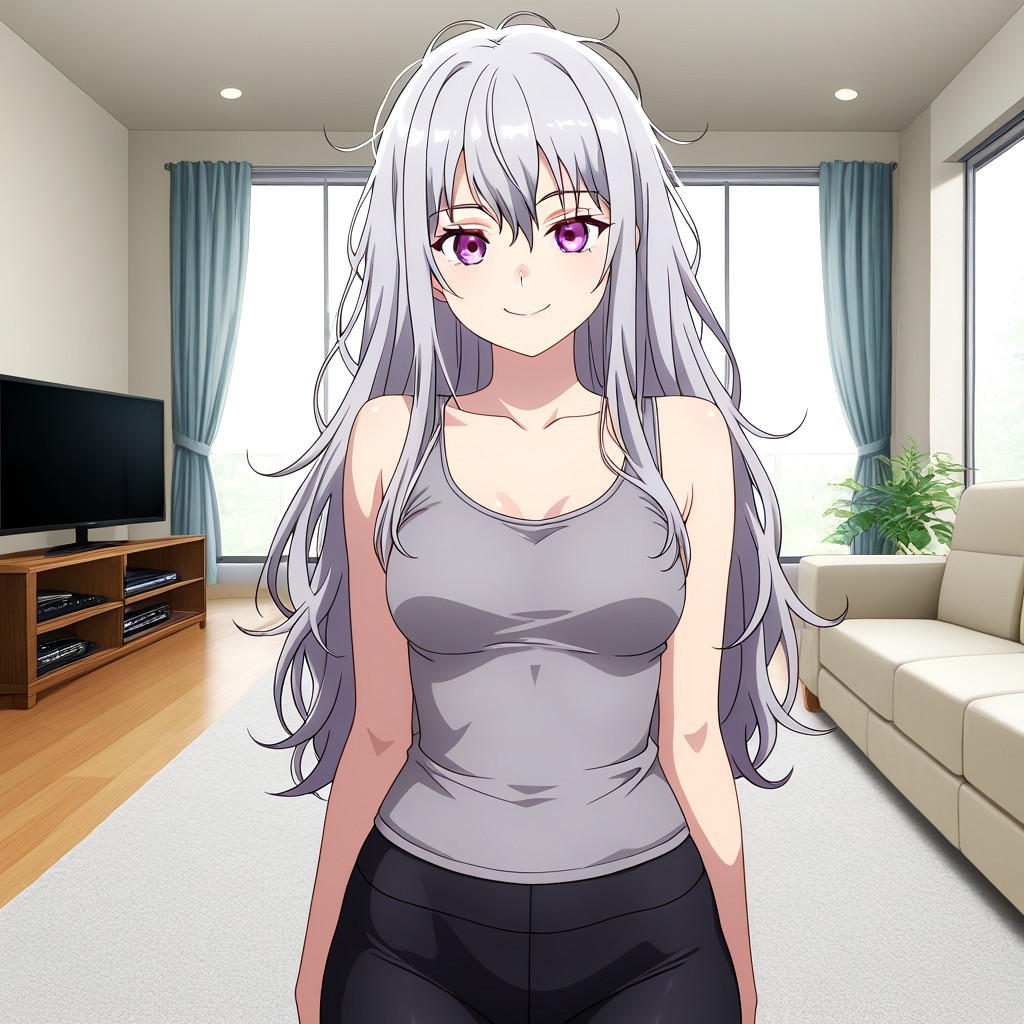 1girl,jeanne e anise, bangs, purple eyes,  messy hair , grey hair, medium breasts, grey tank top, black pants, yoga pants. living room, window, Tv, looking viewer, smile, masterpiece high quality