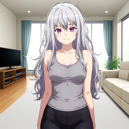 1girl,jeanne e anise, bangs, purple eyes, messy hair , grey hair, medium breasts, grey tank top, black pants, yoga pants. living room, window, Tv, looking viewer, smile, masterpiece high quality