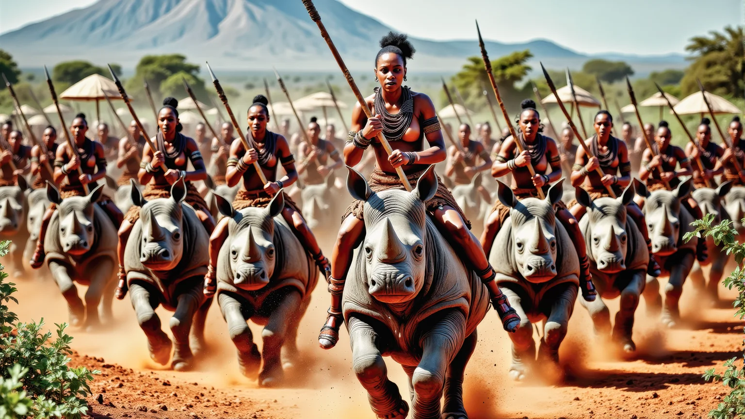 Real photograph of dozens of African warrior women, black skin, Nubian, beautiful, breathtaking, athletic, (small breasts:1.4), earrings, necklace, wrist bands, dangerous, fierce, riding astride and leaning forward on angry ferocious rhinoceros, charging into battle brandishing decorated spears and shields, fierce painted faces, yelling out a war cry, African Savannah dotted with umbrella trees, mount Kilimanjaro in the background, intricate details, masterpiece, elegant, complex patterns, (full body shot from head to toe:1.6), dramatic and dynamic lighting, sunny intense atmosphere <BaroqueColorful:0.72>