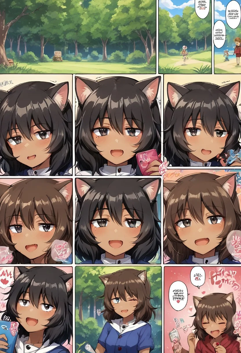 score_9, score_8_up, score_7_up, source_anime, BREAK
<lora:FComic_1to1000_Pony_V1:1>fcomic_1to1000_pony, (comic:1.25),
(Multi view, Frame, Text, speech bubble, frame, heart, trembling, focus line, vibrating line, comic expression, Sound effect)
1girl, cat, cute cat, cats, fluffy, cute, neko, kawaii, cuddling with cat, holding cat, joy, happy, animal, cute animal, woods, summer camp, trees, joy, happy,
<lora:Girls_Und_Panzer_Rena_Andou_Character_PonyXL:1>, andou (girls und panzer), 1girl, black hair, tan, dark tanned female, dark skinned female, BREAK
,<lora:Everlasting_Summer_Vanilla_Backgrounds_by_GraffMetal:0.7>, <lora:Everlasting_Summer_Vanilla_Art_Style_by_GraffMetal:0.7>