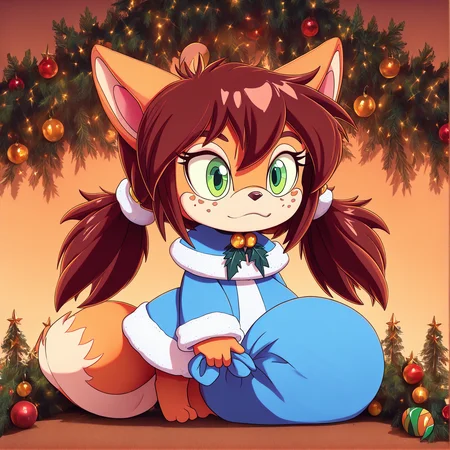 padoru <lora:padoru-IL-1.0:1>, masterpiece, perfect quality, best quality, anime coloring, Rocketgirl, 1girl, solo, animal ears, furry female, tail, brown hair, long hair, green eyes, bangs, freckles, brown fur, sidelocks, twintails, two-tone fur, christmas background <lora:Rocketgirl_v05:1>