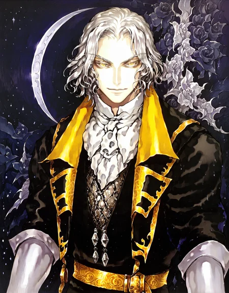 score_9, score_8_up, score_7_up, score_6_up, source anime,
kojima ayami, castlevania, 1boy, male focus, solo, alucard \(castlevania\), black vest, silver hair, white jabbot, from below, night sky, dappled moonlight, portrait, looking at viewer, yellow eyes, eye focus
<lora:ayami_kojima_castlevania_pony:1>