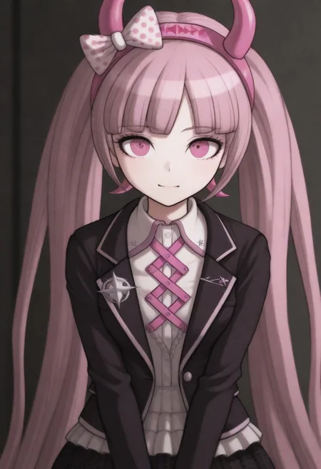 masterpiece, best quality, amazing quality, kotoko, pink hair, pink eyes, long hair, very long hair, twintails, blunt bangs, horned hairband, bow,