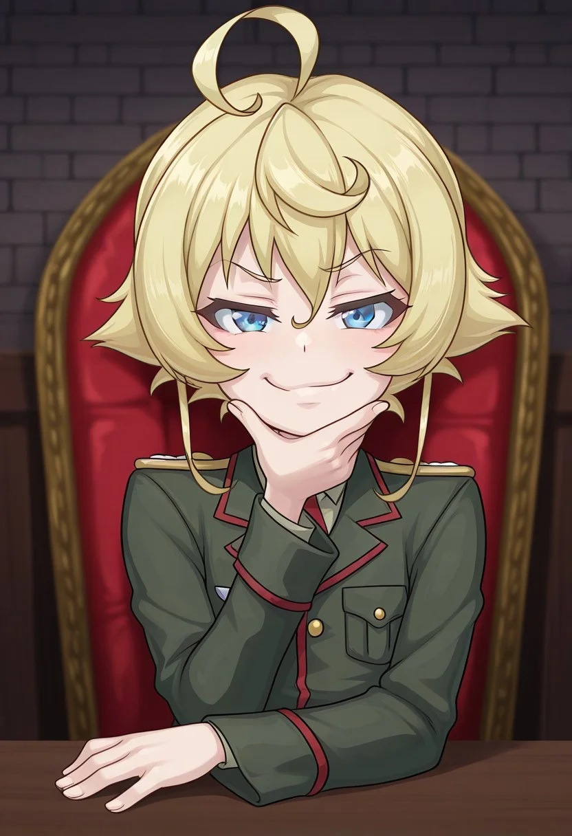 masterpiece,best quality,amazing quality,very aesthetic,
BREAK
outfit1, aaa_tanya,, flat chest, blonde hair, short hair, ahoge, blue eyes, military uniform, green jacket, long sleeves, upper body, looking at viewer, smug, hand on chin,
solo, KonosubaFantasticDays-Liver020