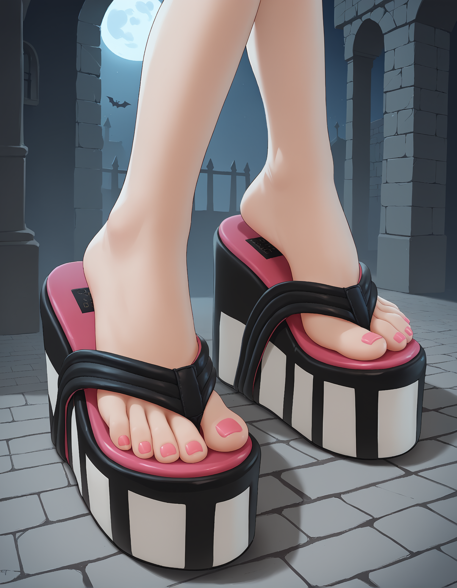 score_9, score_8_up, score_7_up, score_6_up, source_anime,
halloween scene, (from above:0.6), (from side:0.5),
foot focus,
1girl,
standing, feet apart,
dungeon, night dark, fog,
ï»¿lag00na platform flip flops, (platform footwear:1.3), pink toenail polish,
embedding:zPDXLrl ,
embedding:zPDXL2 ,