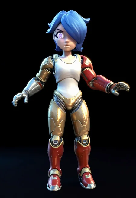 score_9, score_8_up, score_7_up, source_anime,
turboartificialrapidintelligence, <lora:turbo-artificial-rapid-intelligence-ponyxl-lora-nochekaiser:1>,
turbo artificial rapid intelligence, blue hair,hair over one eye, glowing purple eyes, white tank top, single mechanical arm, armored legs and crotch, 3d, iron man, brilliant armor, robot, power armor, red and gold armor, hyperdetailed helmet, hyperdetailed armor, black background, standing, hypnosis, blank_stare, parted lips,tpose, t-pose, spread arms, looking upwards, full body view, front view, solo