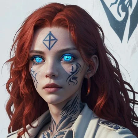bright red hair, human female, (feminine:1.7), (beautiful face, detailed face:1.6), (beautiful eyes, detailed eyes:1.7), (looking at viewer, eye contact, intense:1.6), (long hair, red hair, curly hair:1.3), , ((masterpiece, best quality, high resolution, realistic, best quality,)), photo realistic, Perfect Face, (detailed face). <lora:GoodHands-vanilla:0.6> <lora:add-detail-xl:0.8>, mage, (Dress White military uniform coat), dagger, rune dagger, glowing runes, , (((glowing magic symbols tattoos, religious tattoos))), ((face tattoos)), glowing tattoos, stone tower in the background