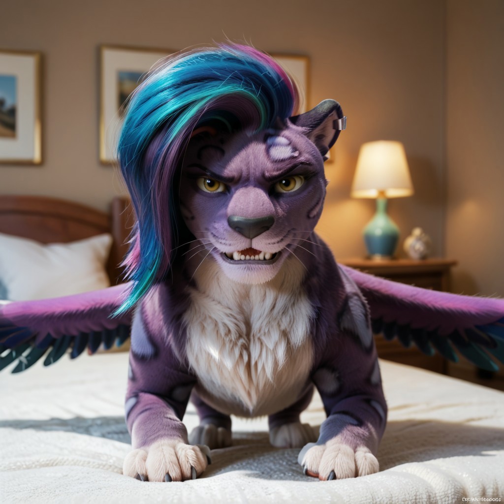 score_9, score_8_up, score_7_up, score_6_up, score_5_up, score_4_up, masterpiece, high quality, realistic, detailed, best quality, solo, rating_safe, source_furry, (bedroom, indoors), looking at viewer, on fours, growling, angry, allura_mlpg5, snow leopard, purple fur, purple hair, paws, chest fluff, wings, tail, female, 1girl, yellow eyes, helix piercing, feral