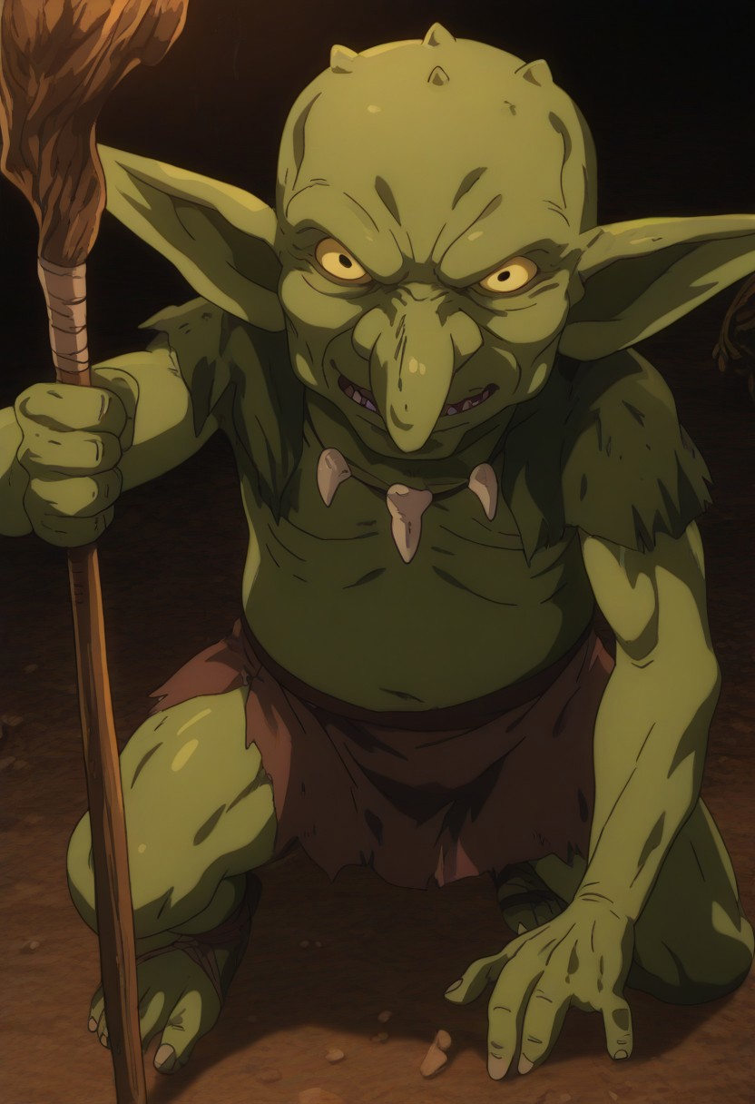 score_9, score_8_up, score_7_up, source_anime, anime screencap, Solo, anime, (Background: fantasy), Fantasy, solo, 1man, HD, Perfect-Details, perfect details, official art, HD, professional, anime, Goblin, Ugly, Ragged, savage, full body, tribal, goblin shaman, (elderly, skinny, frail, bony, wrinkly), voodoo, gaunt, green skin, dark tattered hood, bone necklace, shaman staff, Dark, Edgy, dramatic, epic, evil, ominous