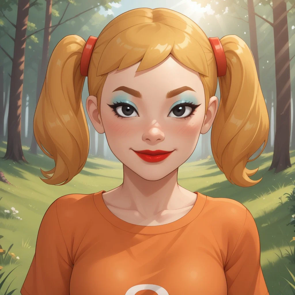 score_9, score_8, BREAK, solo, mii, wii, wii sports, 1girl, female mii, cute, attractive, blonde hair, twintails, dark blonde eyebrows, makeup, blush, blue eyeshadow, red lips, lipstick, orange clothing, white pants, breasts, Nintendo Mii, modern_mii, classic_mii, Midoriya_(OC_Mii), black eyes sexy pose, smile, outdoors, sunlight, shadows, evening lighting, natural lighting, forest, trees, grass, orange sky, sunset