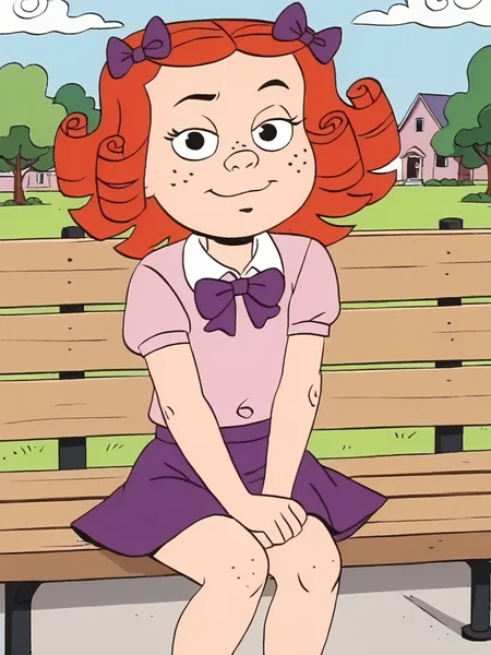 score_9, score_8_up, score_7_up, score_6_up, BREAK, M4rg4r3t, 1girl, solo, red hair, curly hair, freckles, purple bow, pink shirt, purple skirt, closed mouth, sitting on bench, smile, looking at viewer <lora:Margaret_Wade_P:1>