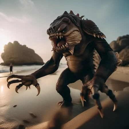 cinematic photo a full body portrait monster, claws, sharp teeth, on the beach <lora:Rancor1024:0.8> . 35mm photograph, film, bokeh, professional, 4k, highly detailed