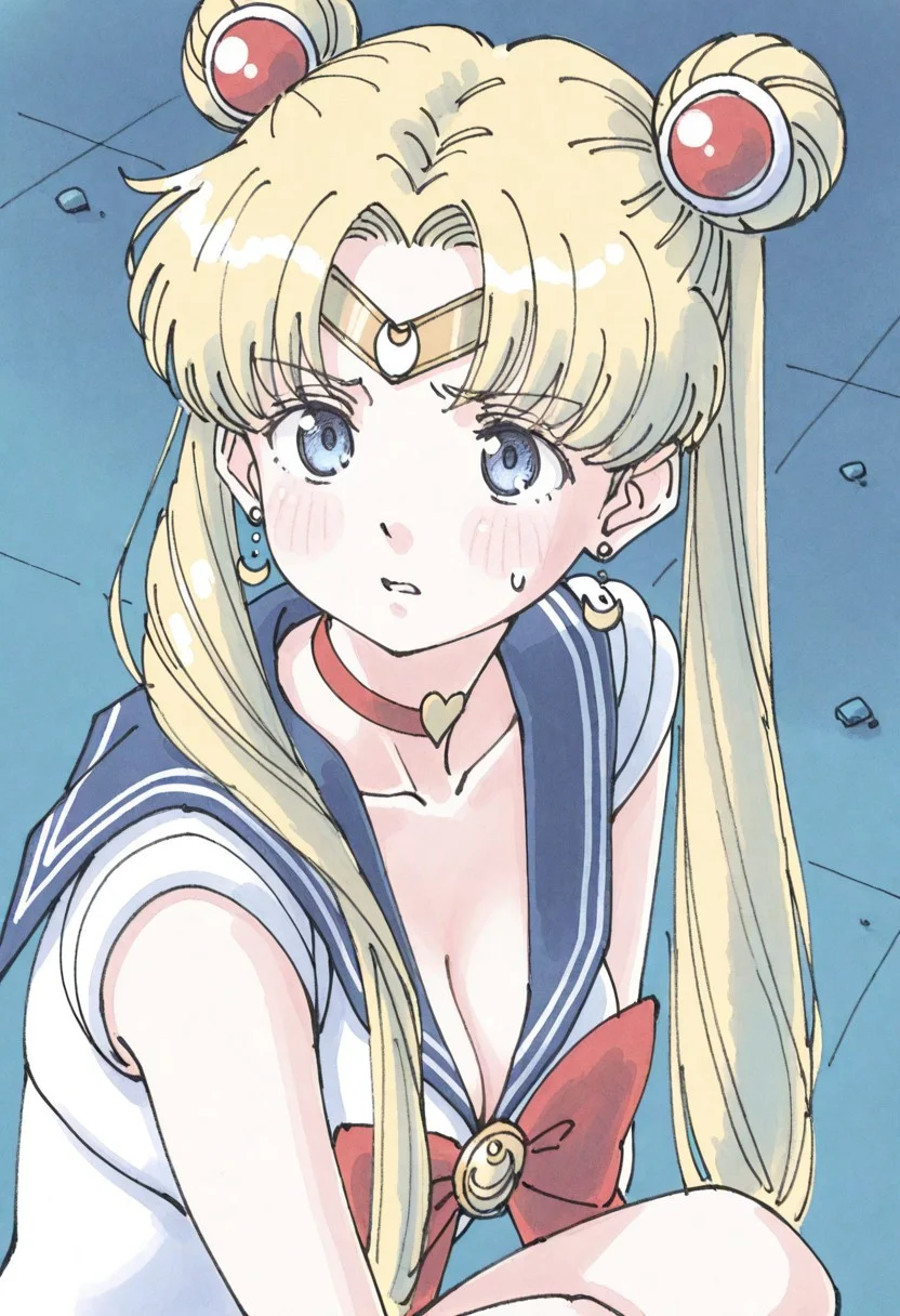 masterpiece,best quality, squatting, tsukino usagi, sailor moon,bishoujo senshi sailor moon,sailor moon redraw challenge (meme), sailor senshi uniform, 1girl, blonde hair, twintails, blue eyes, sailor collar, long hair, hair over shoulder, cleavage, breasts, collarbone, hair bun, parted bangs, double bun, parted lips, choker, earrings, crescent, circlet, diadem, sweatdrop, solo, upper body, from side, meme, crescent earrings, jewelry, heart choker, blue sailor collar, heart, red choker,PORANKARAN,