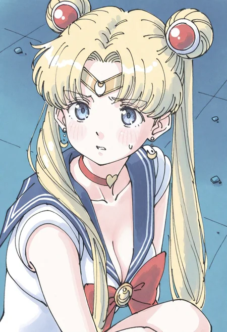 masterpiece,best quality, squatting, tsukino usagi, sailor moon,bishoujo senshi sailor moon,sailor moon redraw challenge (meme), sailor senshi uniform, 1girl, blonde hair, twintails, blue eyes, sailor collar, long hair, hair over shoulder, cleavage, breasts, collarbone, hair bun, parted bangs, double bun, parted lips, choker, earrings, crescent, circlet, diadem, sweatdrop, solo, upper body, from side, meme, crescent earrings, jewelry, heart choker, blue sailor collar, heart, red choker,PORANKARAN,