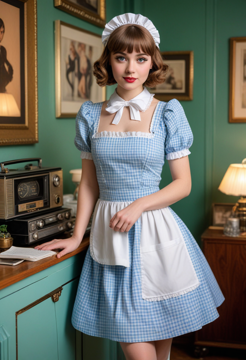 ((fashion photography)), perfect face, perfect eyes, (medium full shot) of  (attractive maid) young woman, canadian, fair skin, light green eyes, curvy, short hazel side-swept bangs hair,  wearing a blue gingham-printed dress with a full skirt, puffed sleeves, white apron, (stockings:1.1), maid hair ribbon, Mary Jane heels,  in an attic from the 1920s, Art Deco apartment, adorned with geometric patterns, sleek chrome fixtures, and plush velvet furnishings in bold colors, A vintage radio emits the smooth tunes of jazz, while a collection of avant-garde paintings adorns the walls, transporting visitors to the glamorous era of flappers and speakeasies , at sunset, smiling at the viewer, masterpiece, best quality, photorealistic, very aesthetic