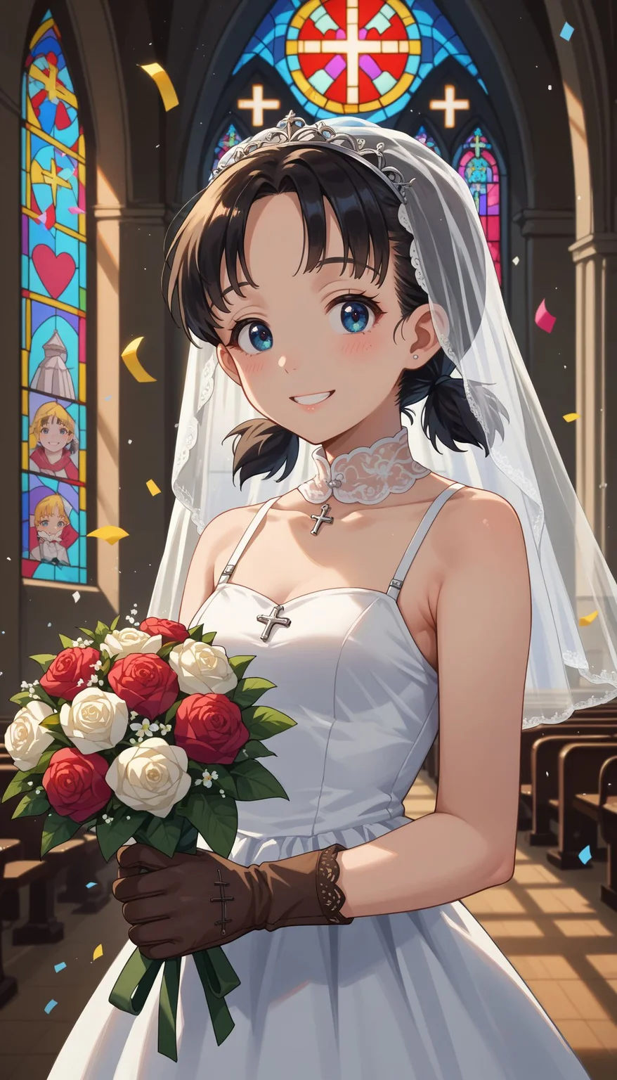 score_9, score_8_up, score_7_up, source_anime,
<lora:Nina (girlsundpanzer):1> gupnina, 1girl, short hair, black hair, short twintails, low twintails, blue eyes, indoors, church, stained glass, whie veil, laced gloves, upper body, close portrait church, holding bouquet, (confetti:1.1), smile, white dress, wedding dress, church, holding bouquet, (confetti:1.1)