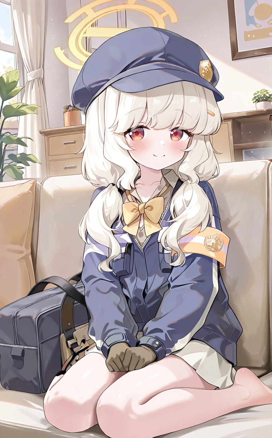 <lora:aoba_v1.0_blue archive_IllustriousXL_epoch-000097:1>,aoba-default,red eyes,white hair,low twintails,hairclip,halo,blue jacket,brown shirt,armband,yellow bow,white skirt,cabbie hat,blue hat,brown gloves,1girl,solo,<lora:caoXLillokrV53P1:0.4>,indoor,couch,sitting on couch,wariza,barefoot,no_shoes,blush,smile,holding a black bag,full_shot,from_side,looking_at_viewer,
