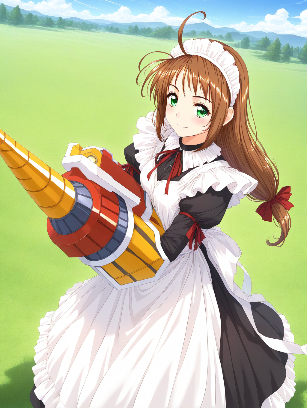 general,highres, game cg, ultra-detailed,very aesthetic,best quality ,best hands,  BREAK  <lora:Spiral_Nami_IS:1>drii_nami, solo, brown hair, green eyes, drill,  polearm, maid apron, maid headdress, weapon, ahoge, ribbon, maid, long hair, low-tied long hair,
smile,looking at viewer, cowboy_Shot,
day, grass, sky,