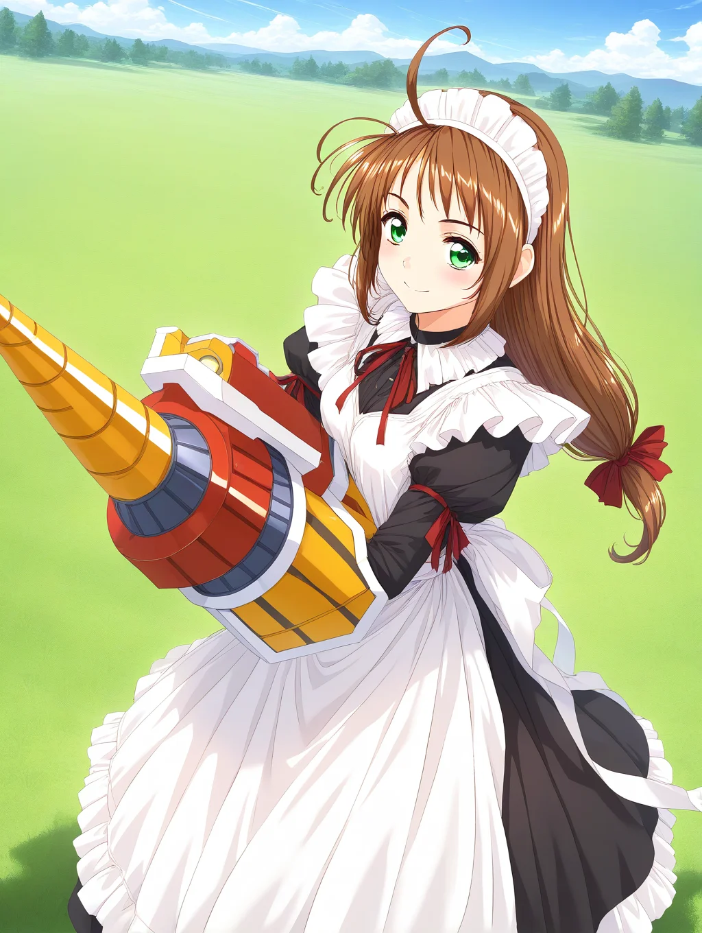 general,highres, game cg, ultra-detailed,very aesthetic,best quality ,best hands, BREAK <lora:Spiral_Nami_IS:1>drii_nami, solo, brown hair, green eyes, drill, polearm, maid apron, maid headdress, weapon, ahoge, ribbon, maid, long hair, low-tied long hair,
smile,looking at viewer, cowboy_Shot,
day, grass, sky,