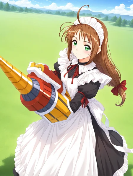 general,highres, game cg, ultra-detailed,very aesthetic,best quality ,best hands, BREAK <lora:Spiral_Nami_IS:1>drii_nami, solo, brown hair, green eyes, drill, polearm, maid apron, maid headdress, weapon, ahoge, ribbon, maid, long hair, low-tied long hair,
smile,looking at viewer, cowboy_Shot,
day, grass, sky,