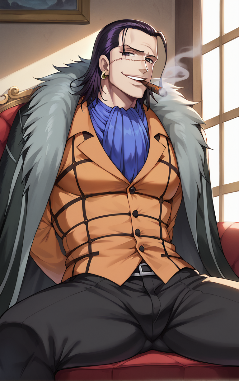 score_9, score_8_up, score_7_up, looking at viewer,  BREAK
Alabasta_Crocodile_ownwaifu, 
1boy, black eyes, black hair, hair slicked back, male focus, scar on face, single earring, jewelry, earrings, scar, smile, short hair, long hair,  
hook, cigar, formal, fur coat, fur trim, orange shirt, purple ascot, ring, stitches, smoking, ascot, coat, coat on shoulders, vest, evil smile, long sleeves, jacket, pants, fur-trimmed coat, black pants, cape
(sitting, spread legs), arms behind back, couch, window shade, indoors, <lora:PONYXL_Pre_ONEPIECE_Crocodile_ownwaifu:0.95> , depth of field, solo, Interesting Image, Captivating Image,