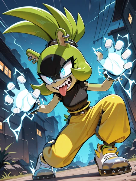 <lora:Surge_the_Tenrec_NS:1> surge the tenrec, fighting stance, tongue out, sharp teeth, electrokinesis, glowing eyes, outdoors,, masterpiece, best quality, amazing quality, very aesthetic, absurdres, new, newest,