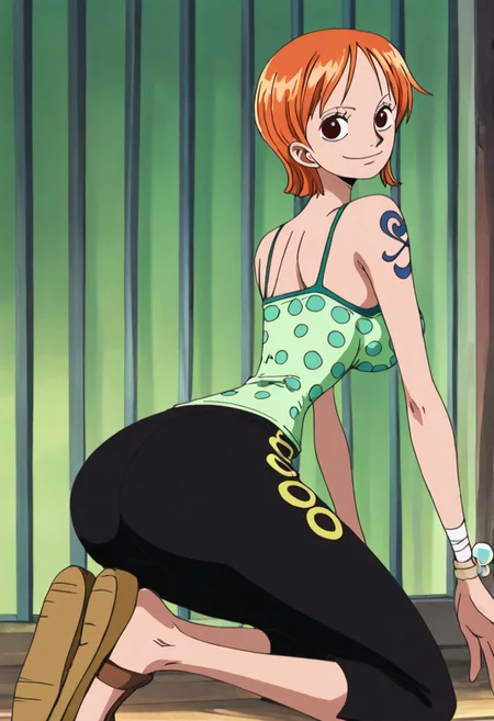 score_9, score_8_up, score_7_up, ultra quality, solo, 1girl, arlong_park,nami (one piece), orange hair, short hair, brown eyes, breasts, shoulder tattoo, green camisole, dot print, capri pants, black pants, sandals, bandages, smile, butt focus, big hips, big butt, bubble butt, curvy, narrow waist, kneeling, looking to the viewer, close up, screencap