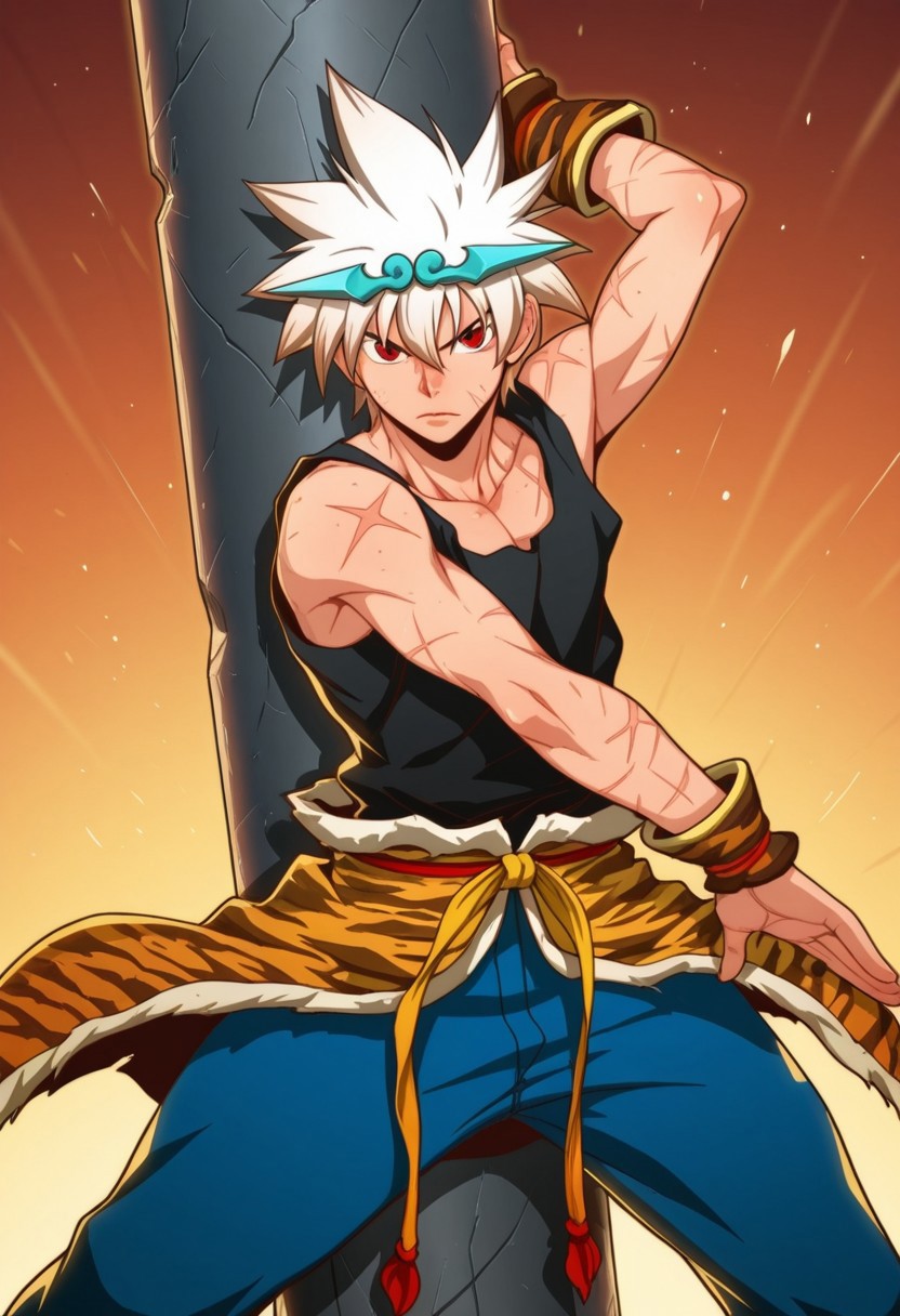 Mori Jin, 1boy, white hair, scars, dynamic pose, fighting stance, holding massive metal pillar, yeoui,