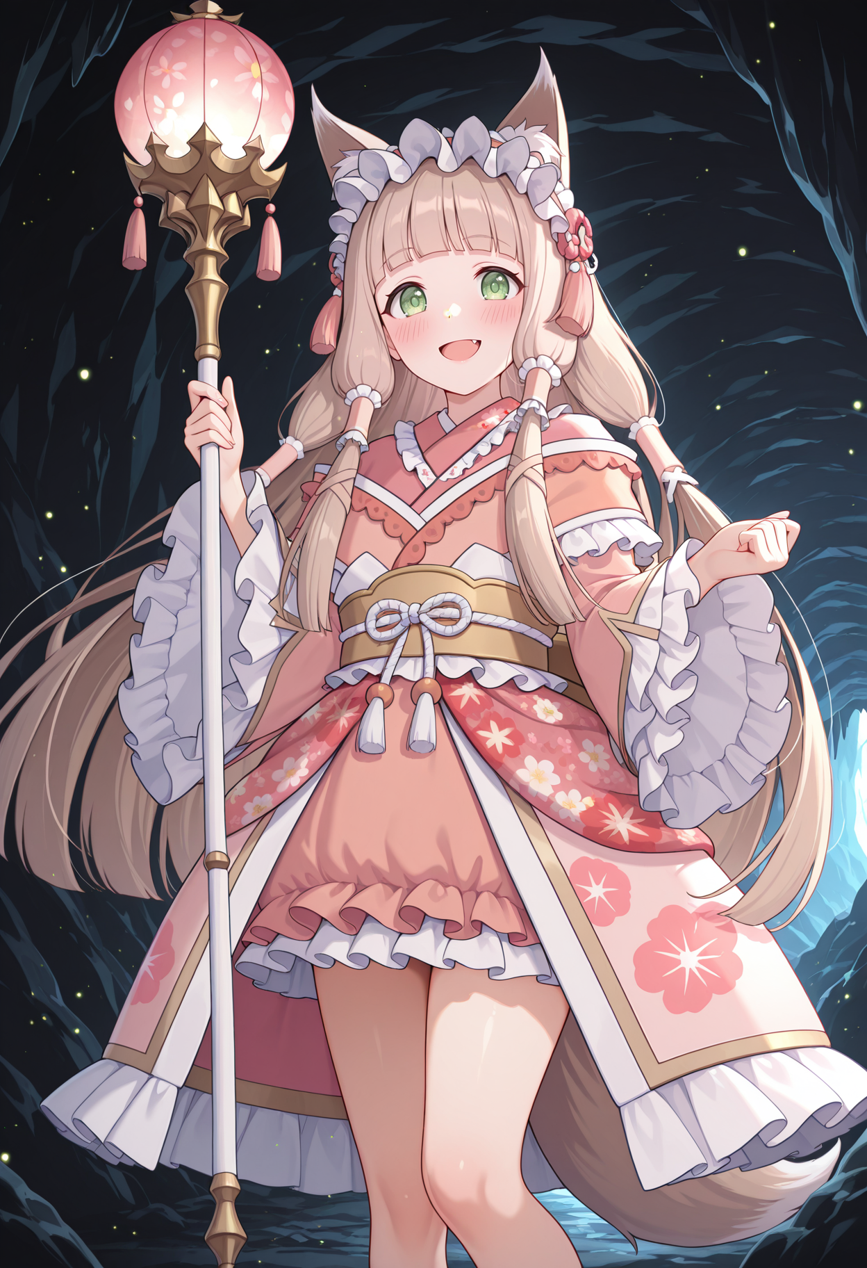 highres, best quality, masterpiece, cave, light particles, 
1girl, solo, pcrmaho, light brown hair, green eyes, animal ears, tail, fang, blunt bangs, tareme,
pmahodef, very long hair, hair tubes, frilled hairband, pink kimono, kimono dress, frilled kimono, floral print, sash, obi, wide sleeves, frilled sleeves,
looking at viewer, smile, blush, open mouth, 
standing, holding staff, thighs,
<lora:_maho_pcr-elesico-rev3:1>