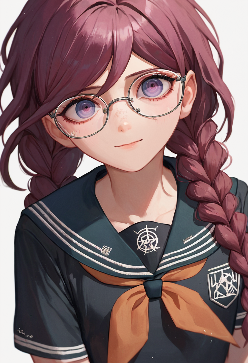 score_9, score_8_up, score_7_up, simple background, white background, light smile <lora:danganronpa_aio_1:1>
fukawa toko, 1girl, twin braids, glasses,
serafuku, black shirt