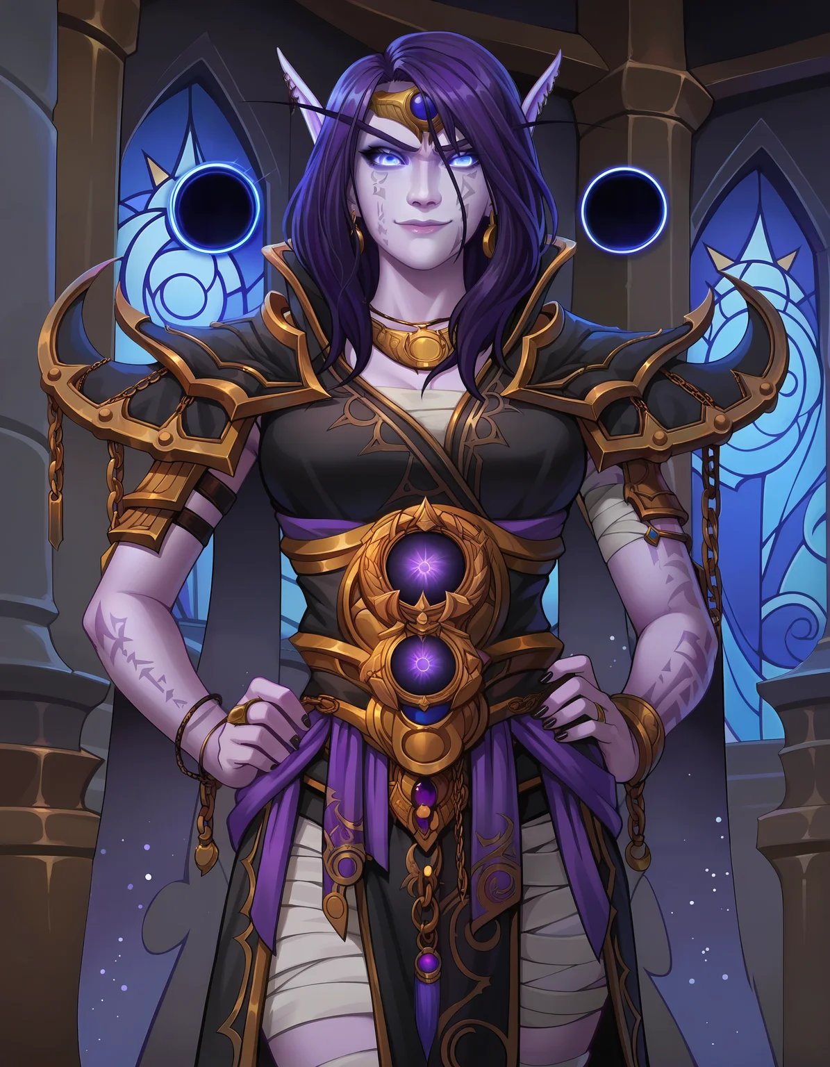 score_9, score_8_up, score_7_up, source_anime,anime screencap,anime coloring,cinematic light,
uncensored,intricate details,
mature female,
xalatath, elf, orb, magic, 1girl, colored skin, jewelry, purple skin, long hair, purple hair, pointy ears, armor, blue eyes, facial mark, shoulder armor, chain, tattoo, ring, earrings, bangs,bandages,pelvic curtain,piercing,earrings,pauldrons,
necklace,chain, black nails,nail polish,bracelet,breasts,ring,smile, glowing eyes,smile, v-shaped eyebrows, large breasts,closed mouth,
portrait, upper body,focus on face,hands on own hips,
dark palace, stained glass, high detailed background, harem, curtains, candle, lantern,
perfect anatomy,moonlight,
scenery,indoors,fantasy, night, dark background, Low-key lighting,
<lora:Xalatath:1> ,