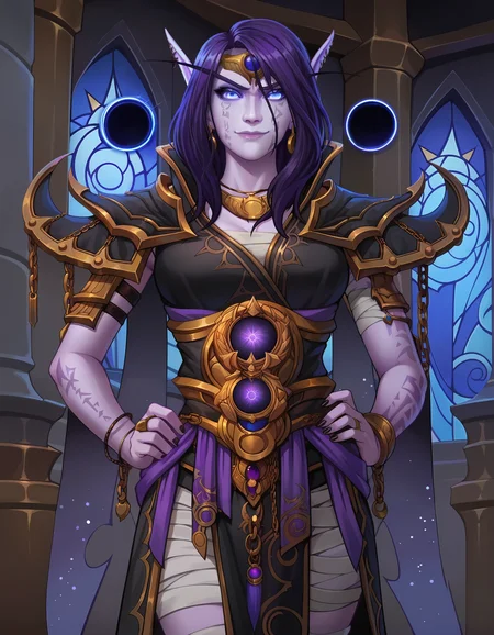 score_9, score_8_up, score_7_up, source_anime,anime screencap,anime coloring,cinematic light,
uncensored,intricate details,
mature female,
xalatath, elf, orb, magic, 1girl, colored skin, jewelry, purple skin, long hair, purple hair, pointy ears, armor, blue eyes, facial mark, shoulder armor, chain, tattoo, ring, earrings, bangs,bandages,pelvic curtain,piercing,earrings,pauldrons,
necklace,chain, black nails,nail polish,bracelet,breasts,ring,smile, glowing eyes,smile, v-shaped eyebrows, large breasts,closed mouth,
portrait, upper body,focus on face,hands on own hips,
dark palace, stained glass, high detailed background, harem, curtains, candle, lantern,
perfect anatomy,moonlight,
scenery,indoors,fantasy, night, dark background, Low-key lighting,
<lora:Xalatath:1> ,