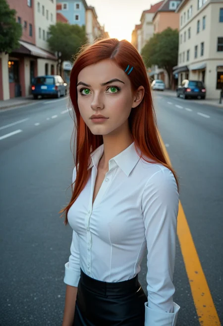 score_9, score_8_up, score_8, source_anime, from below, close up, 1girl, Gwen \(Ben 10\), solo, sexy, perfect face, thick eyeliner, long hair, red hair, green eyes, hairclip, medium breasts, blue and white outfit, shirt, green eyes, volumetric lighting, cinematic lighting, day, beach, Dutch angle, cowboy shot, skirt, pantyhose, shoes, background, town, road, roadside, traffic light, street, streetcar, building, overhead line, scenery
