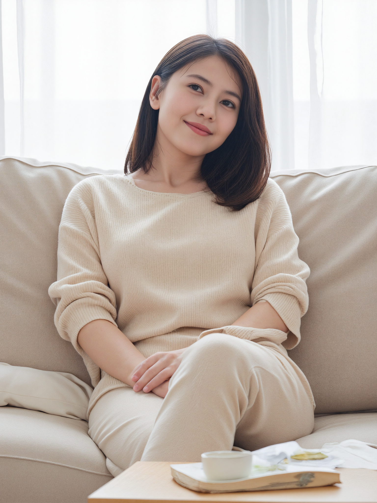 This is a high-resolution, waist-up photograph of a young Asian woman with a calm and thoughtful expression. Her complexion is smooth and fair, and she wears a soft, natural smile. Her dark hair is loosely tied back into a low ponytail, with a few strands falling naturally along her cheeks.

She is seated on a light-colored fabric sofa, her posture relaxed yet upright. She is wearing a light beige knit sweater with a modest neckline and subtle ribbed detailing. The soft texture of the fabric is highlighted under the clear daylight.

In front of her is a small wooden coffee table, slightly out of focus. On the table are a white ceramic coffee cup and an open book, adding a sense of quiet, intellectual leisure to the scene. The background is softly blurred, suggesting a bright, cozy living space with natural light filtering through a nearby window.

The lighting is clear and evenly distributed, creating a bright and airy atmosphere. The composition follows the rule of thirds, with her upper body captured in a balanced, relaxed frame that reflects intelligence, simplicity, and everyday elegance.