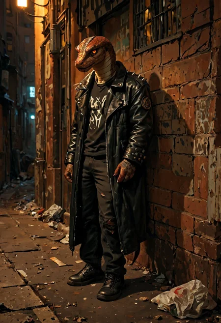 score_9, score_8_up, score_7_up, best quality, fine detail, anthropomorphic snake wearing a black leather jacket with studs and spikes, in a cyberpunk alleyway, trash on the ground, vivid colors, dark shadows, highest quality, goonguy
