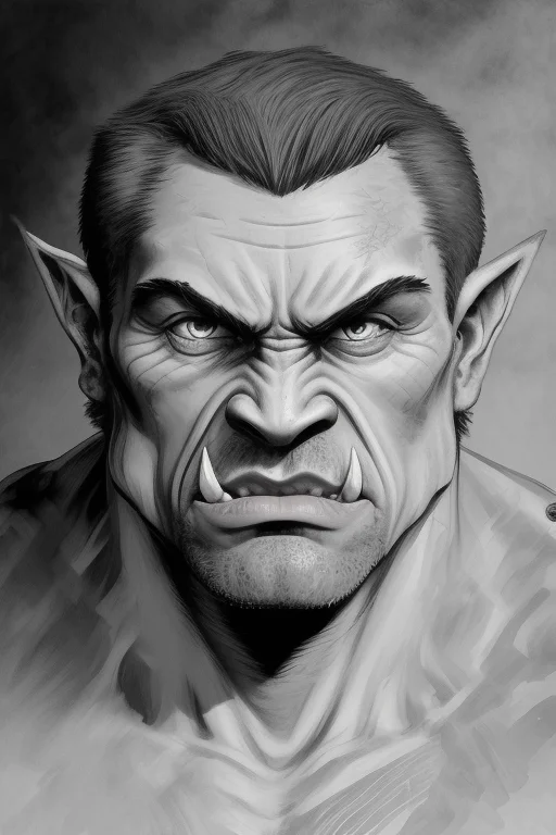 man, orc, close up, angey, blue eyes, pointy ears, dark hair, short hair, Sketch, Manga Sketch, Pencil drawing, Black and White, Manga, Manga style, Low detail, Line art, vector art, Monochromatic, by katsuhiro otomo and masamune shirow and studio ghilibi and yukito kishiro