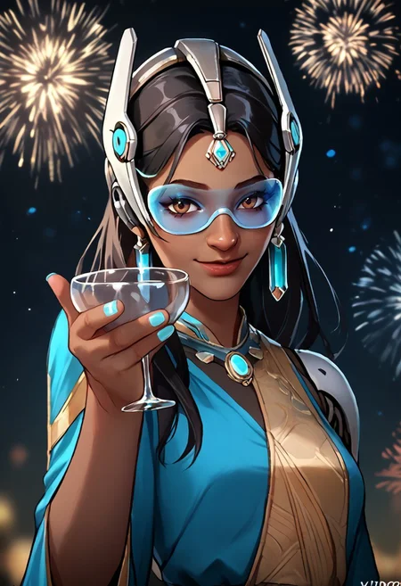 score_9, score_8_up, score_7_up, score_6_up, symow-dh, smile, holding cup, blue fireworks, dark-skinned female, black hair, long hair, forehead jewel, single mechanical arm, blue tinted eyewear, headgear, lips, earrings, brown eyes, makeup, nose, sleavless blue dress, nail polish, aqua nails, science fiction <lora:Symmetra_Overwatch_Classic_outfit_PDXL:0.8> <lora:holding_cup_toasting_xlpony:1>