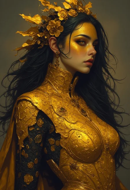 Golden statue of a woman, her skin composed of delicate, textured gold flakes, with chrome and golden flowers intricately woven into her hair, her eyes gleaming with a warm, golden light, wearing a majestic, windy-blown ornate gown with tattered, metallic petals, reminiscent of a dark, dystopian world, her face and shoulders illuminated by a soft, ambient glow, as if radiating an otherworldly energy, in the styles of Royo's dark, mystical realism, Artgerm's hyper-detailed, metallic sheen, and Lovecraft's eerie, atmospheric tension, with meticulous attention to intricate textures, dramatic shading, and a sense of haunting, ethereal beauty.