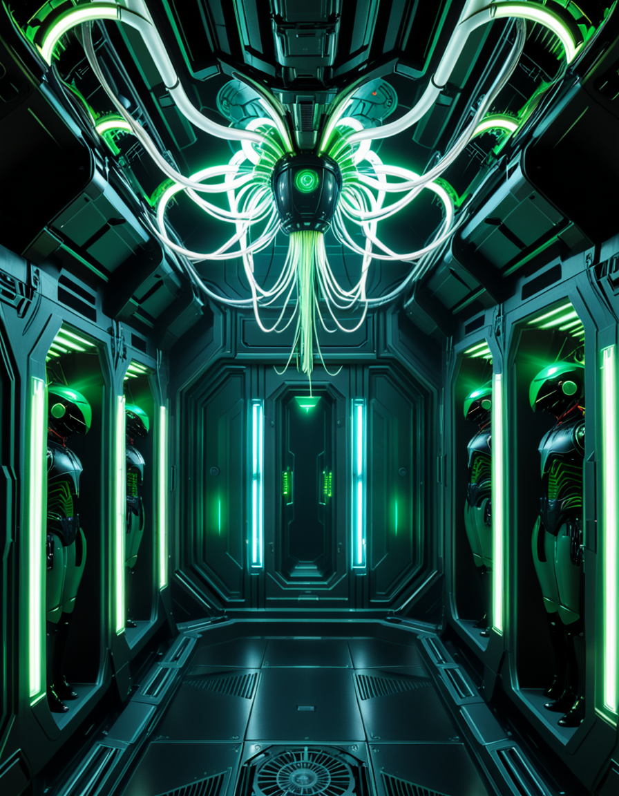 A dark, oppressive regeneration chamber deep within a Borg vessel â a biomechanical environment where drones return to recharge and interface with the collective. The chamber is dimly lit with pulsating green and white lights that flicker through dense shadows. The walls are lined with vertical alcoves, each containing a Borg drone standing motionless, plugged into the system via biomechanical tendrils, tubes, and neural interfaces embedded into their bodies.
The surfaces of the room are a fusion of metallic plating, organic texture, and cybernetic growths â as if the ship itself is alive, constantly shifting and adapting. Steam hisses softly from vents near the floor, and faint mechanical whirring echoes through the chamber. Fiber optic cables pulse with data transmissions, running across the ceiling like glowing veins. 
Above, a central neural conduit hangs like a mechanical spine from the ceiling, branching out and connecting to each alcove, feeding the collective hive mind with real-time information. The atmosphere is cold, sterile, and unnervingly silent â a place devoid of individuality, where only the will of the collective exists. There is no comfort here, only efficiency, order, and total control. 
<lora:SDXLFaeTastic2400:0.4> <lora:extremely_detailed:0.4> extremely detailed,<lora:borg_recharge_ch4mb3r:1>,borg recharge ch4mb3r, Masterpiece,best quality,hi res,8k,hi res,8k,award winning,(sharp focus, intricate, highly detailed),